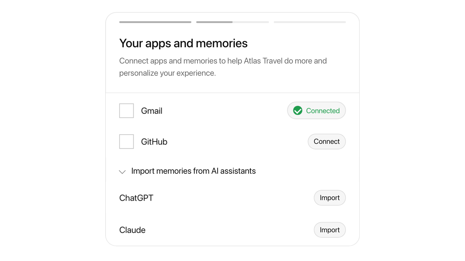Configure apps and memories connection list